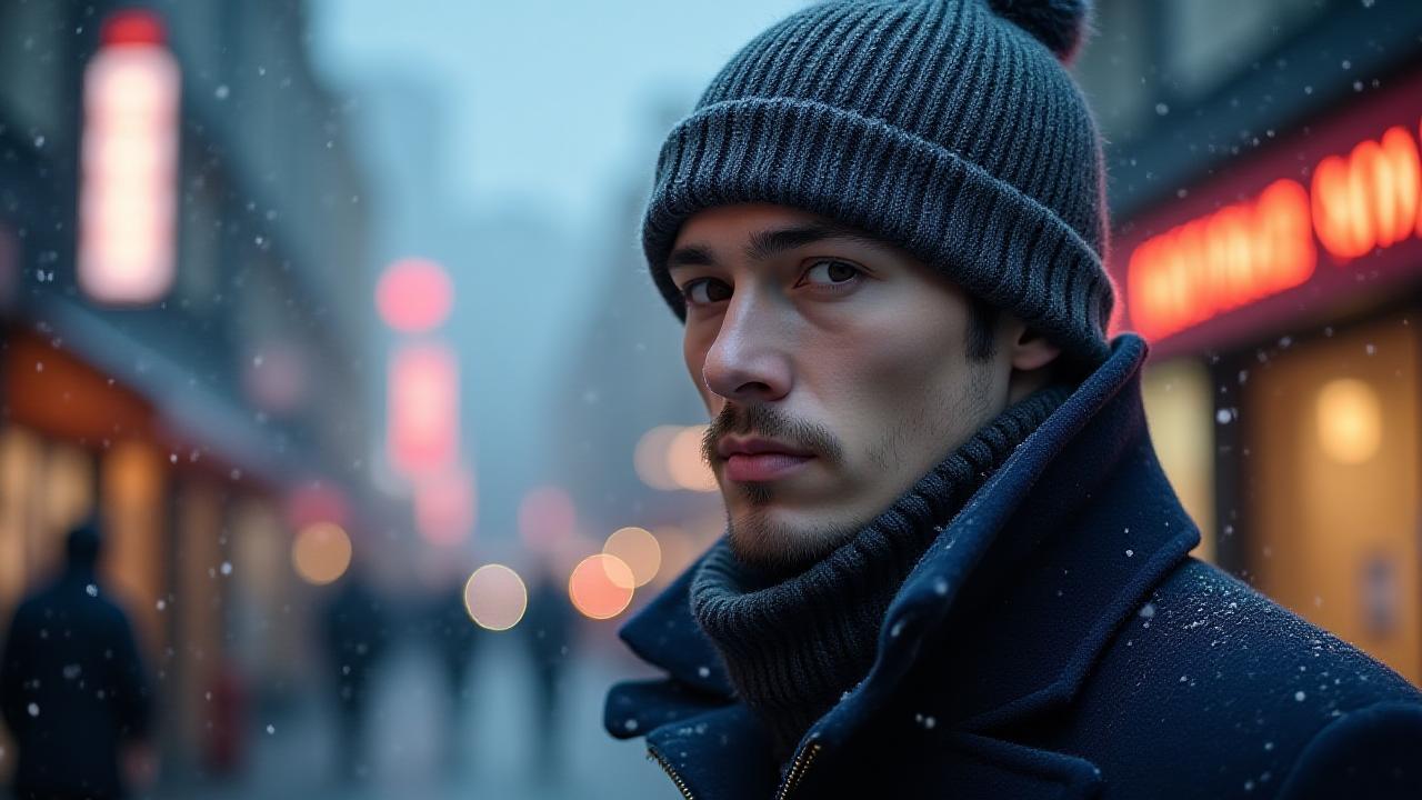 都会の雪景色の中で高品質なビーニーを着用した男性